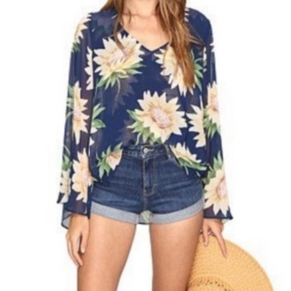 Show Me Your MuMu Hippie Dippie V Neck Sunflower Dreams Navy Sheer Blouse XS